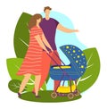 Young couple with baby stroller walking in park. Mother and father enjoying family time with child outdoors. Parenthood Royalty Free Stock Photo