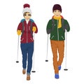 Young couple with backpack and hiking walking sticks