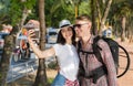 Young Couple On Beach Taking Selfie Photo On Cell Smart Phone Summer Vacation, Happy Smiling Man And Woman Royalty Free Stock Photo