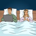 Young couple bed and gadget pop art style vector Royalty Free Stock Photo