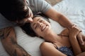 couple being intimate in bed top view Royalty Free Stock Photo