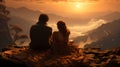 Young couple on blankets sit admiring the scenery under clouds in the mountains. in the form of beauty Light reddish brown and