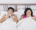 Young couple blowing noses in bed Royalty Free Stock Photo