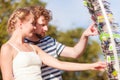 Young couple buying new sunglasses outdoor Royalty Free Stock Photo