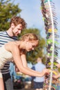 Young couple buying new sunglasses outdoor Royalty Free Stock Photo