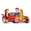 Young couple buying or renting new red car Royalty Free Stock Photo