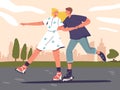 Young Couple Characters On Roller Skates Glide Effortlessly, Maintain Balance. With Wheels Underfoot, Navigate City Park