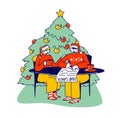 Young Couple Characters Writing Letter to Santa Claus Sitting in Room with Decorated Fir Tree, Christmas Festive Season Royalty Free Stock Photo