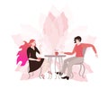 Young couple chatting in a cafe. Romantic card. Light pink flower and hearts