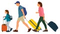 Young couple with a child rides on a resort. People go with suitcases. Vector illustration Royalty Free Stock Photo