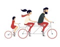 Young couple with child riding bicycle.