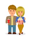 Young couple in cinema. Isolated characters, male and female with popcorn and a drink