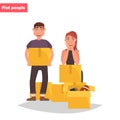 A young couple collects things in boxes color flat illustration