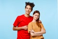 young couple cropped view studio blue background communication Royalty Free Stock Photo
