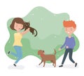 Young couple with cute little dog and cat mascots