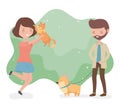 Young couple with cute little dog and cat mascots
