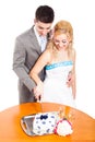 Young couple cutting wedding cake Royalty Free Stock Photo