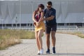 Young couple dancing Latino dance against urban landscape Royalty Free Stock Photo