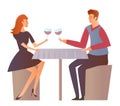 Young couple on a date at the restaurant. Man and woman drink wine at a romantic dinner. Vector Illustration, Royalty Free Stock Photo