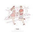 Young couple dating, cheerful boy and girl walking, strolling in park, boyfriend and girlfriend holding hands banner template