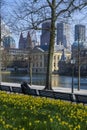 Young couple dating in front of the Mauritshuis Museum and the Dutch Parliament and Government reflection