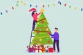 Woman and man preparing and decorates Christmas tree for holiday at home