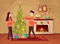 A young couple decorates the Christmas tree. Vector flat illustration.