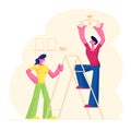 Young Couple Decorating Living Room Apartment, Man Standing on Ladder Hanging Lamp on Ceiling