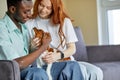 young couple of different ethnicity sit on sofa playing loving pet dog, at home Royalty Free Stock Photo