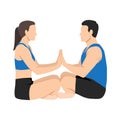 Young couple doing acro yoga exercise. Sit on the ground stretching with hands on each other
