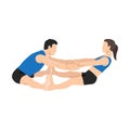 Young couple doing partner forward fold or Ardha Uttanasana yoga exercise