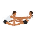 Young couple doing partner forward fold or Ardha Uttanasana yoga exercise