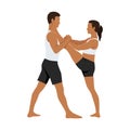 Young couple doing stretching exercise, Extended Hand to Big Toe yoga pose, Utthita Hasta Padangushthasana with partner or coach