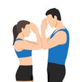 Young couple doing stretching exercises flexible body acrobatic poses yoga woman and man do gymnastics warm up