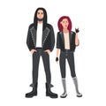 Young couple dressed in black leather clothes. Man and woman demonstrating sign of horns hand gesture. Rock music fans