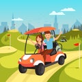 Young Couple Driving by Cart on Green Golf Course