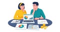 Young Couple Financial Planning Illustration, Laptop, Calculator, Charts, Coins, Flat Vector, Modern Minimalist Business Concept Royalty Free Stock Photo