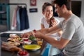 A young couple enjoying a breakfast at home. Love, together, breakfast, home Royalty Free Stock Photo