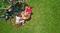 Young couple enjoying food and drinks in beautiful roses garden on romantic date, aerial top view from above of man and woman Royalty Free Stock Photo