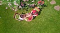 Young couple enjoying food and drinks in beautiful roses garden on romantic date, aerial top view from above of man and woman Royalty Free Stock Photo