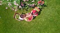Young couple enjoying food and drinks in beautiful roses garden on romantic date, aerial top view from above Royalty Free Stock Photo