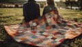 Young couple enjoying picnic on plaid blanket generated by AI