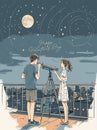 Young couple examining the sky together through a telescope. Valentine\'s Day concept, vector illustration