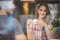 Young couple on first date drinking coffee Royalty Free Stock Photo