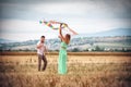 Young couple flying a kite