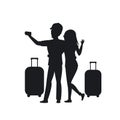 Young couple going to vacations, taking selfie, silhouette