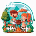 A young couple grills good food in the garden and has a great time. Summer barbecue picnic. Cookout grilled food. Cartoon vector