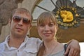 A young couple a guy and a girl walking through the city. Royalty Free Stock Photo