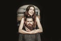 Young couple of handsome bearded man with long beard in shirt and pretty sexy smiling happy woman or girl with brunette Royalty Free Stock Photo