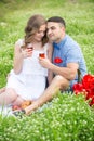 Young couple have picnic with red wine Royalty Free Stock Photo